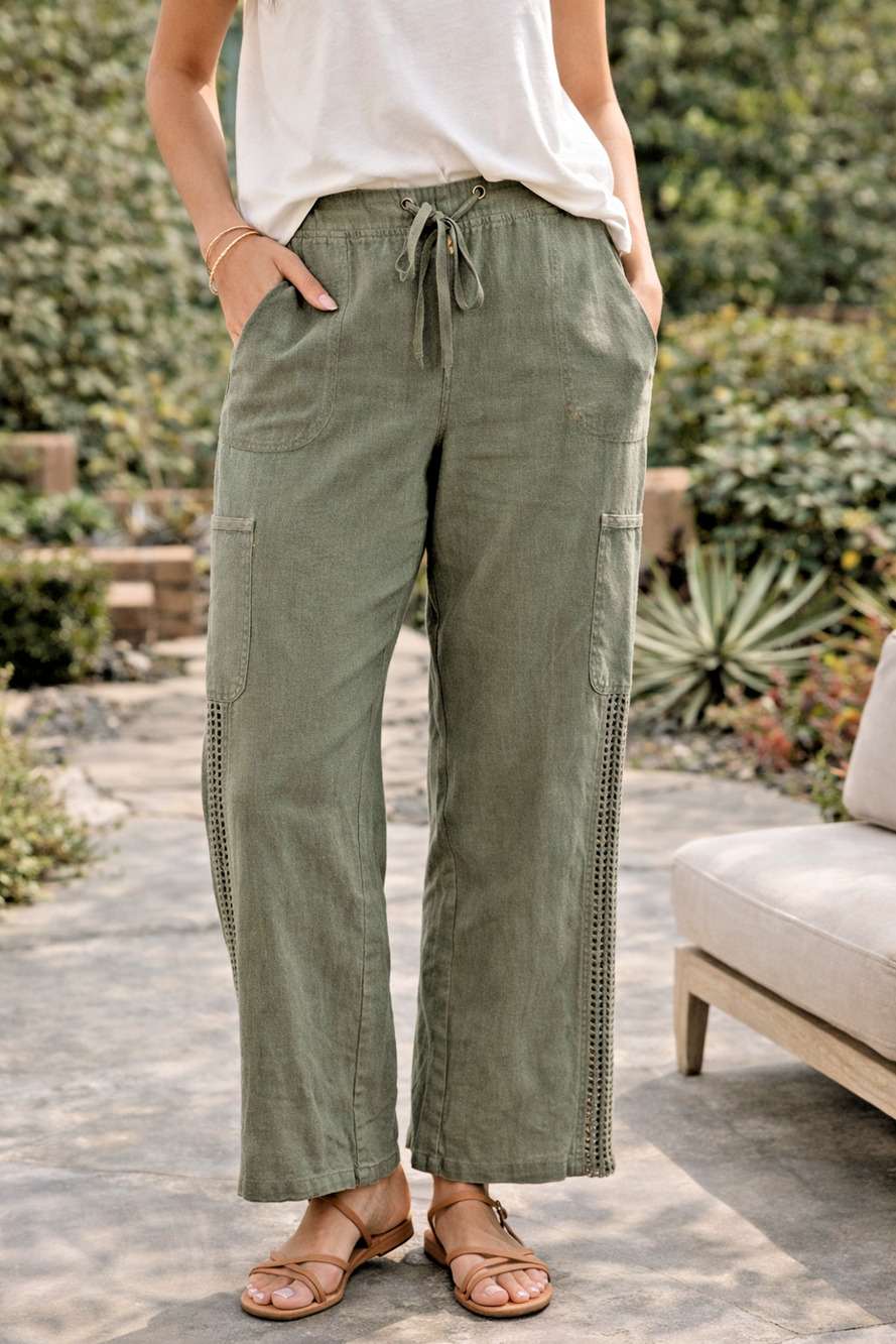 Olive Green Linen blend Wide Leg Crochet Cargo Utility Boho Pant statement Sz-L